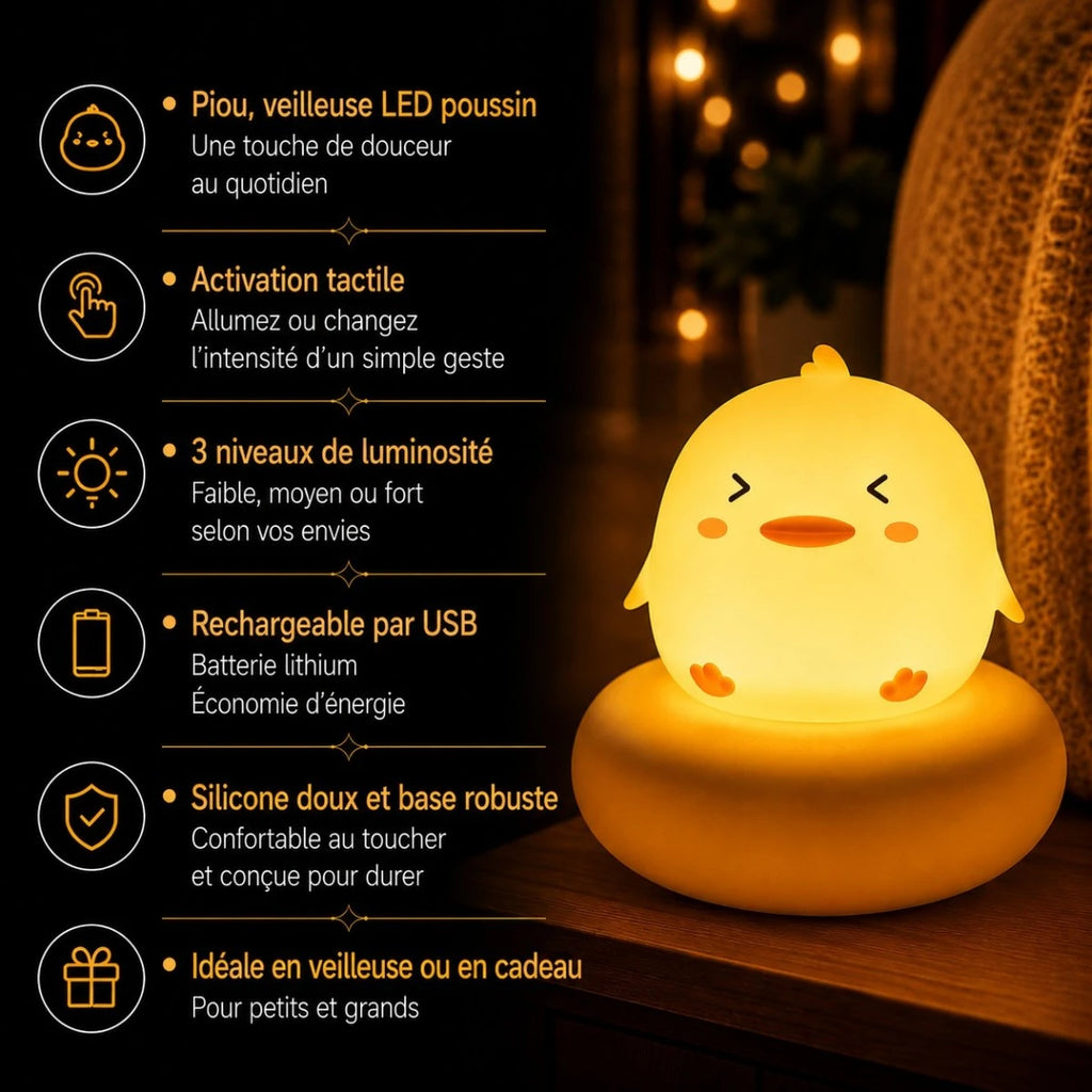 Infographie de la veilleuse LED poussin Piou avec activation tactile, 3 niveaux de luminosité et recharge USB.