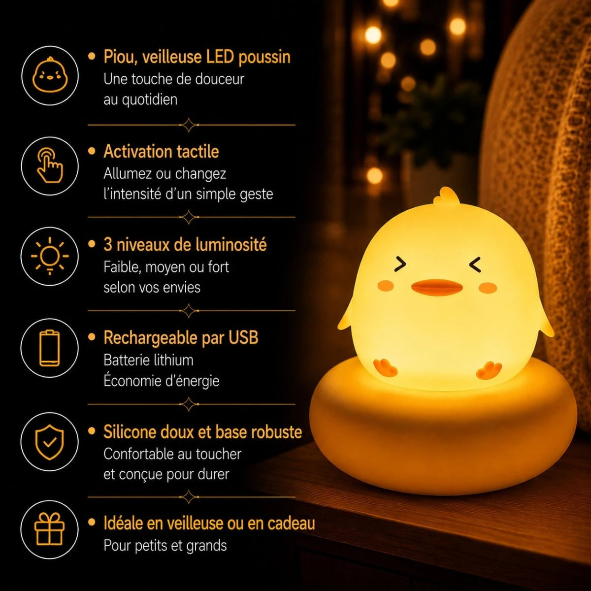 Infographie de la veilleuse LED poussin Piou avec activation tactile, 3 niveaux de luminosité et recharge USB.