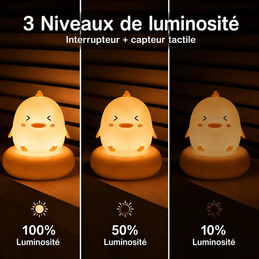 Veilleuse LED poussin Piou avec trois niveaux de luminosité réglables, pour adapter l'intensité selon le moment de la soirée