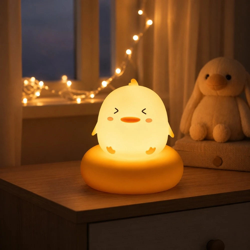 Veilleuse LED poussin Piou diffusant une lumière douce dans une chambre d'enfant, avec une peluche en arrière-plan.