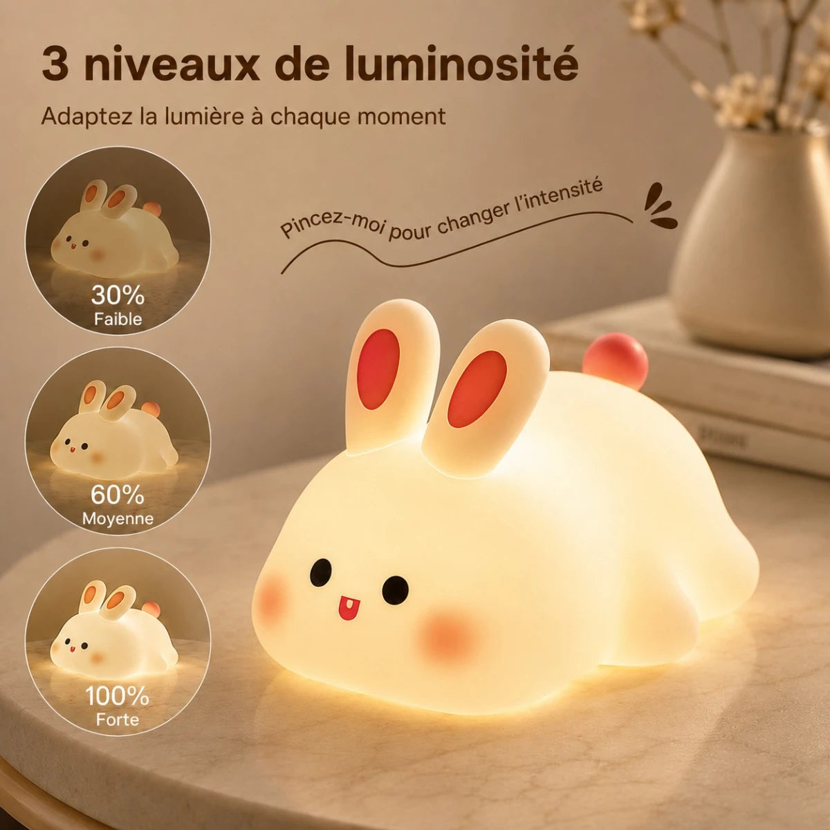 Veilleuse LED lapin Tibo avec 3 niveaux de luminosité réglables