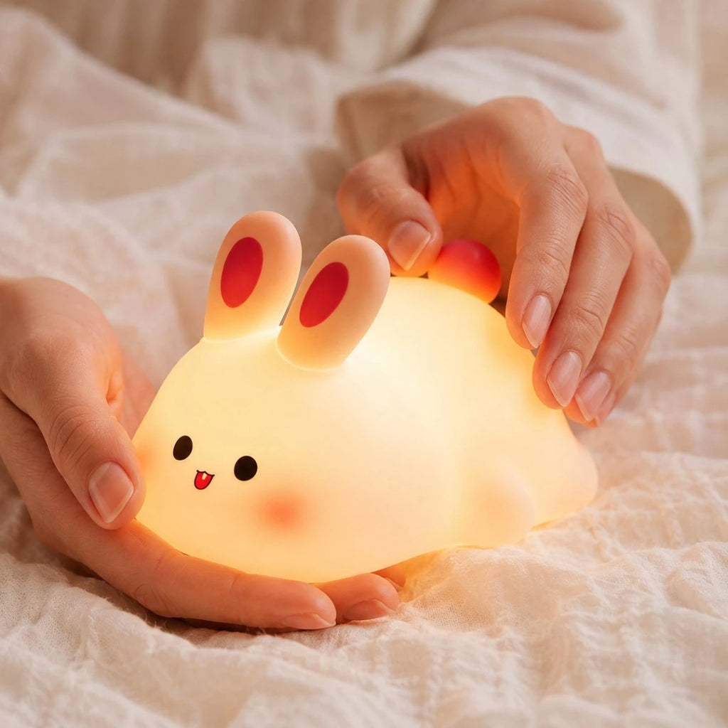 Veilleuse LED lapin Tibo tenue dans les mains, format compact