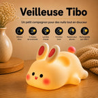Infographie veilleuse LED lapin Tibo : silicone doux, lumière tamisée, rechargeable USB, minuterie 30 minutes