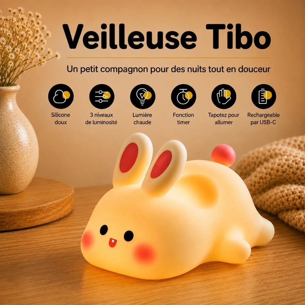 Infographie veilleuse LED lapin Tibo : silicone doux, lumière tamisée, rechargeable USB, minuterie 30 minutes