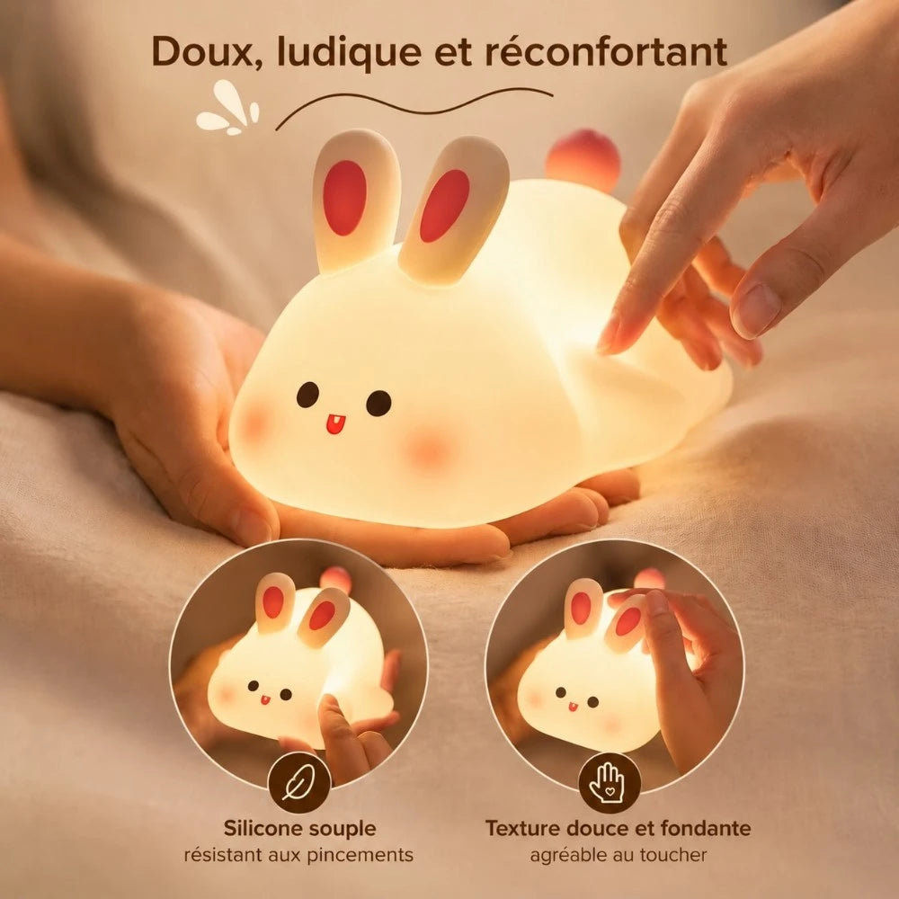 Veilleuse LED lapin Tibo en silicone souple et doux au toucher