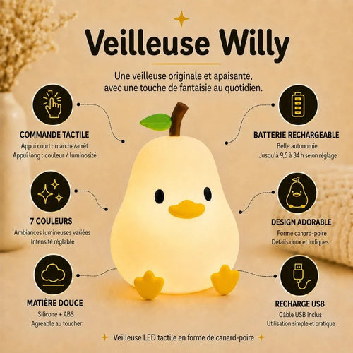 Infographie veilleuse LED canard-poire Willy : commande tactile, 7 couleurs, silicone doux, recharge USB