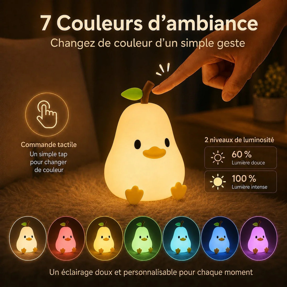 Veilleuse LED canard-poire Willy : commande tactile, 7 couleurs disponibles