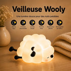 Infographie veilleuse LED mouton Wooly : silicone doux, lumière tamisée, rechargeable USB, minuterie 30 minutes