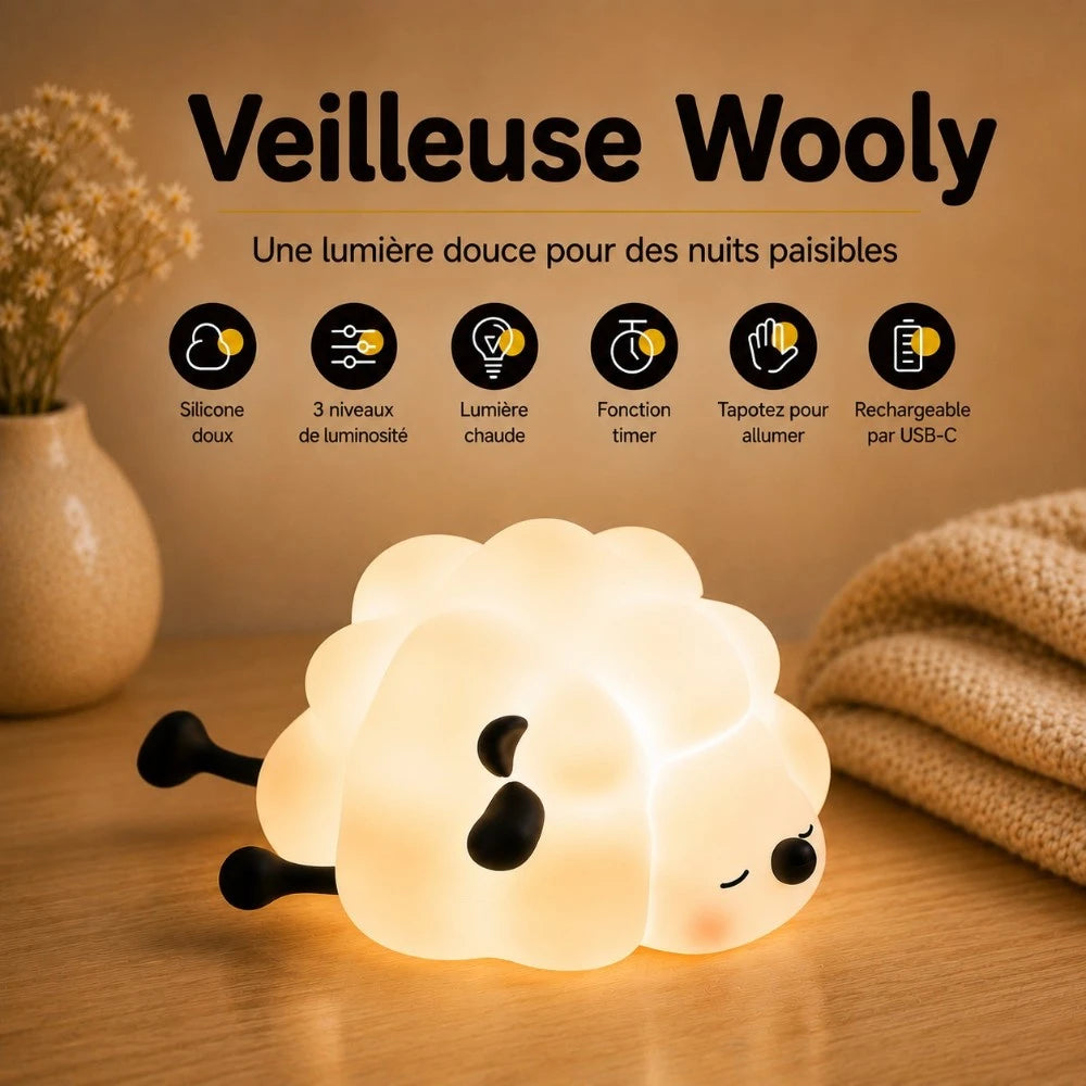 Infographie veilleuse LED mouton Wooly : silicone doux, lumière tamisée, rechargeable USB, minuterie 30 minutes