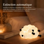 Veilleuse mouton Wooly lumineuse sur une table de chevet, avec extinction automatique après 30 minutes et ambiance chaleureuse.