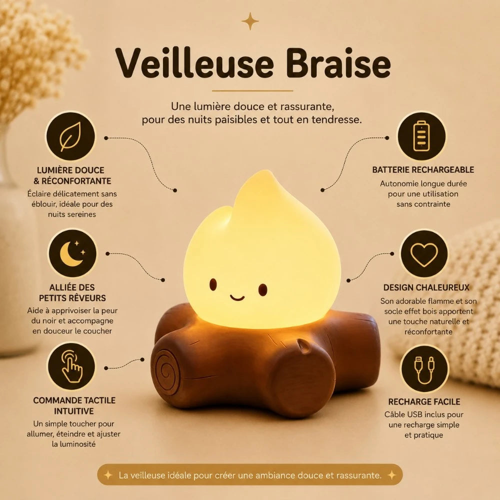 Infographie de la veilleuse Braise en forme de flamme sur socle effet bois, avec lumière douce, commande tactile et batterie rechargeable.