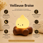 Infographie de la veilleuse Braise en forme de flamme sur socle effet bois, avec lumière douce, commande tactile et batterie rechargeable.