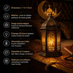 Infographie caractéristiques lanterne LED Fanous : 5 coloris, alimentation piles, dimensions 7x13cm, style oriental