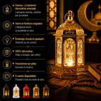 Infographie caractéristiques lanterne Fanous : artisanat oriental sublimé par la lumière, verre et finitions soignées, éclairage chaud apaisant, 100% décorative, fonctionne sur piles, 5 coloris disponibles
