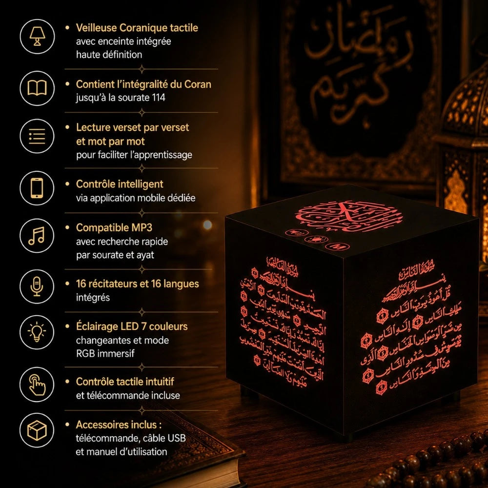 Infographie caractéristiques veilleuse Lumira : Bluetooth 5.0, Azan, Coran, batterie 1200mAh