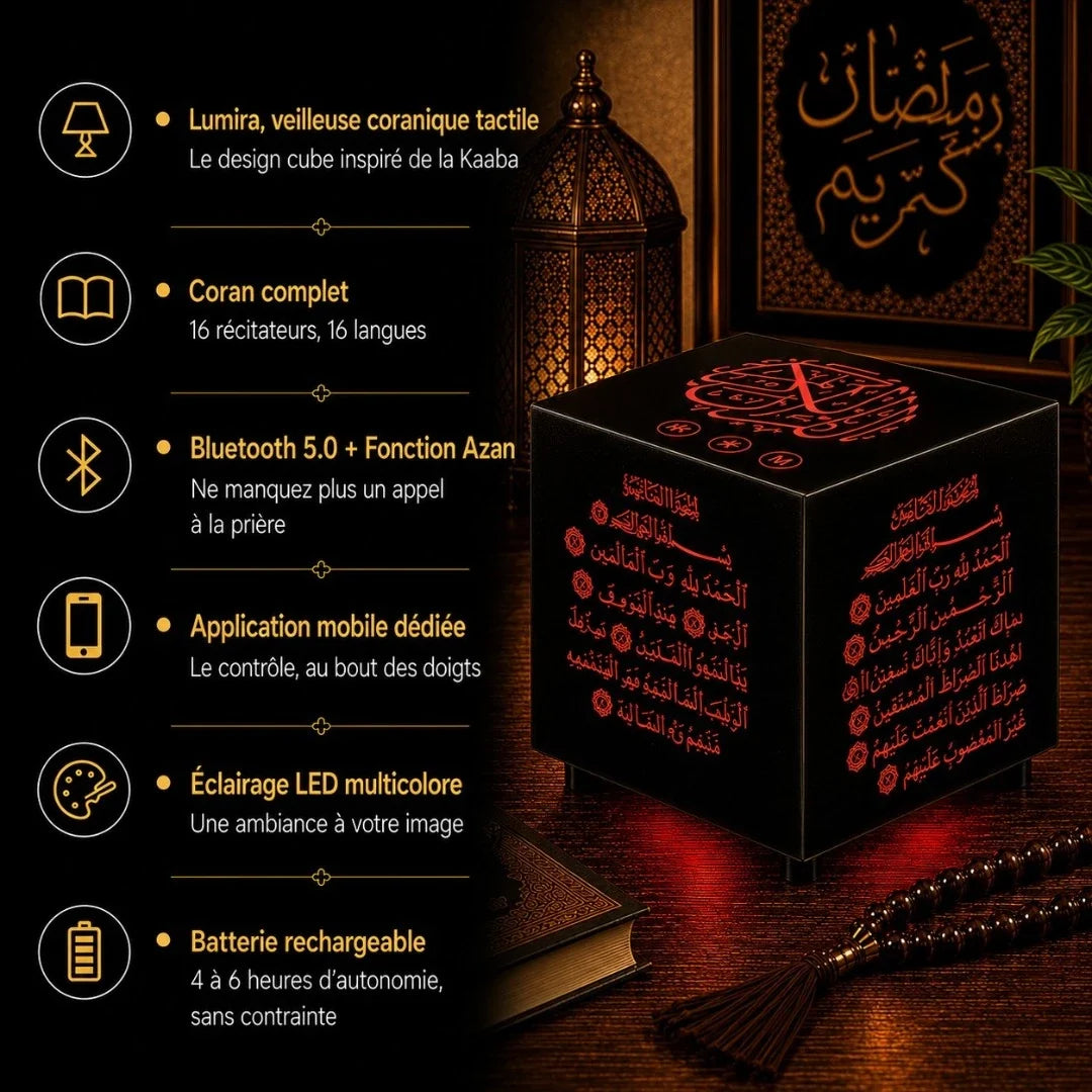 Infographie caractéristiques veilleuse Lumira : design cube Kaaba, Coran complet 16 récitateurs 16 langues, Bluetooth 5.0 et Azan, application mobile dédiée, éclairage LED multicolore, batterie rechargeable 4 à 6h d'autonomie