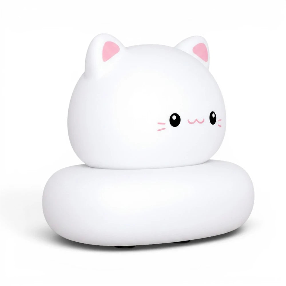 Veilleuse LED chat Mimo blanche éteinte sur fond blanc, vue de trois quarts