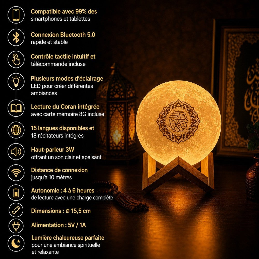 Infographie des spécifications techniques de la veilleuse coranique Bluetooth Moon : Bluetooth 5.0, 15 langues, 18 récitateurs, autonomie 4 à 6 heures, dimensions 15,5 cm