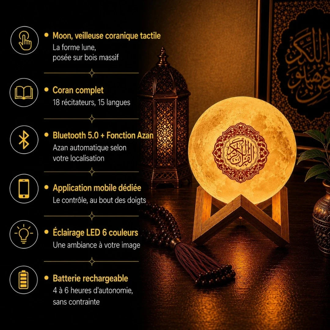 Infographie caractéristiques veilleuse Moon : forme lune sur socle bois, Coran complet 18 récitateurs 15 langues, Bluetooth 5.0 et Azan, application mobile dédiée, éclairage LED 6 couleurs, batterie rechargeable 4 à 6h d'autonomie
