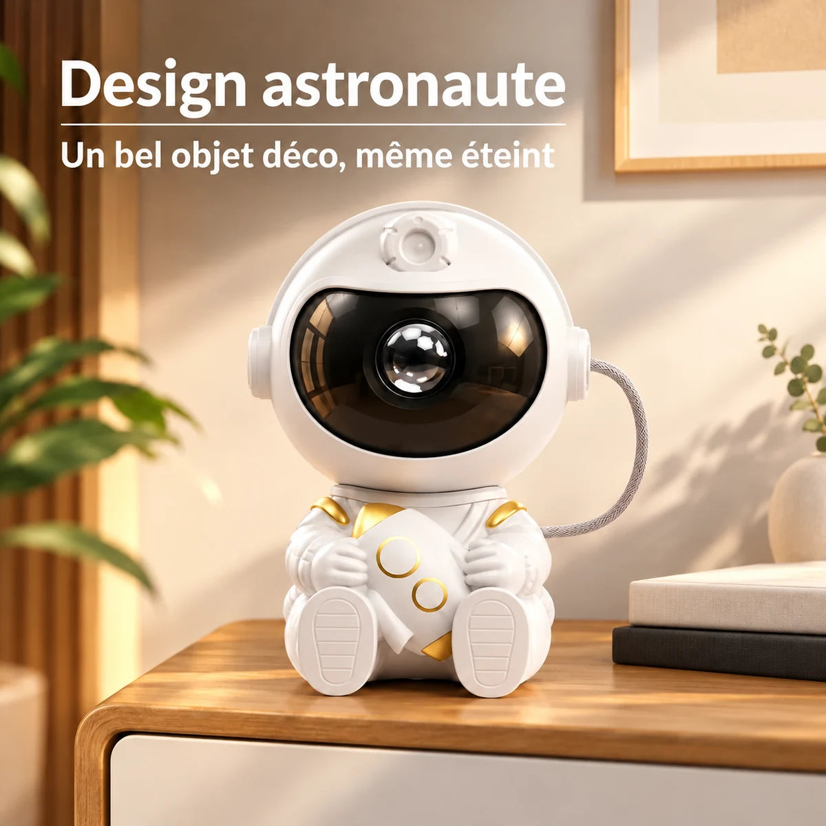 Projecteur astronaute Apollo posé sur une commode, objet déco même éteint