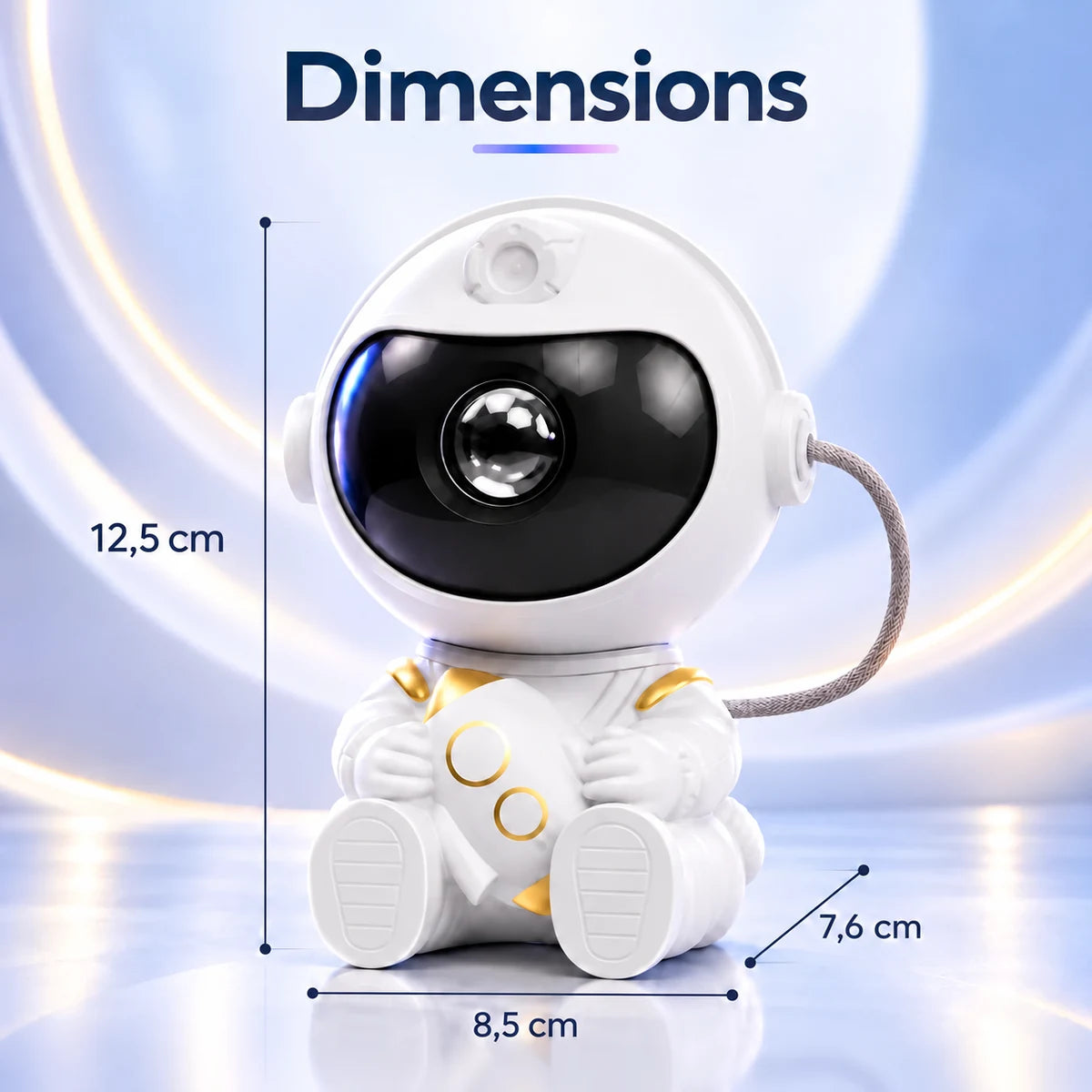 Dimensions du projecteur Apollo : 12,5 cm de haut, 8,5 cm de large, 7,6 cm de profondeur