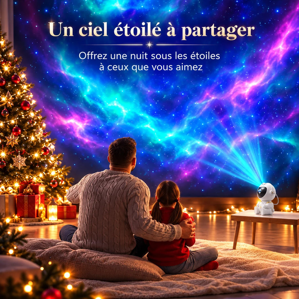 Un père et sa fille admirent le ciel étoilé projeté par Apollo près du sapin de Noël