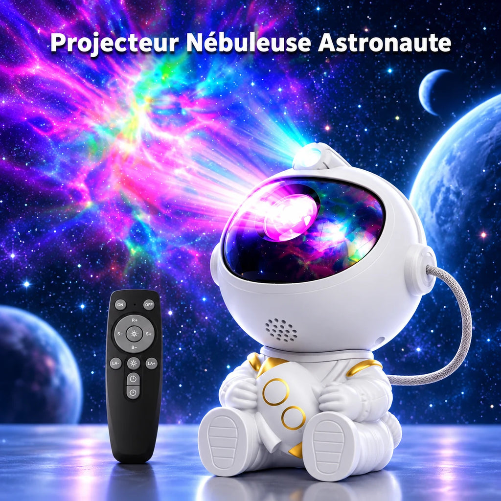 Projecteur Apollo diffusant une nébuleuse colorée et des étoiles, à côté de sa télécommande