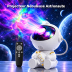 Projecteur Apollo diffusant une nébuleuse colorée et des étoiles, à côté de sa télécommande