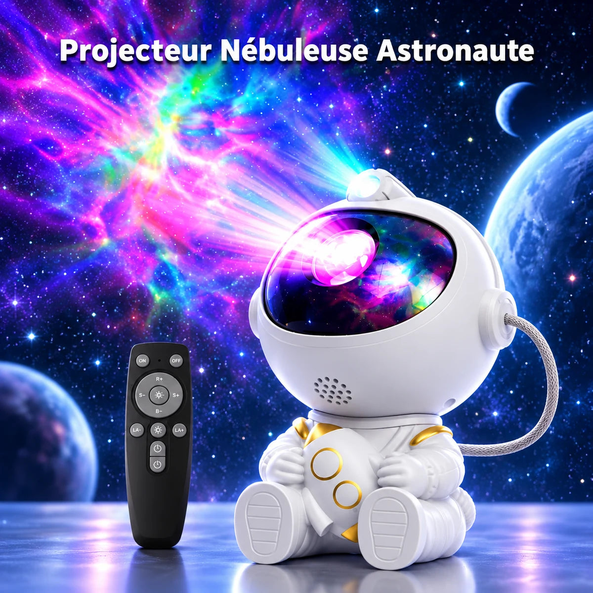 Projecteur Apollo diffusant une nébuleuse colorée et des étoiles, à côté de sa télécommande