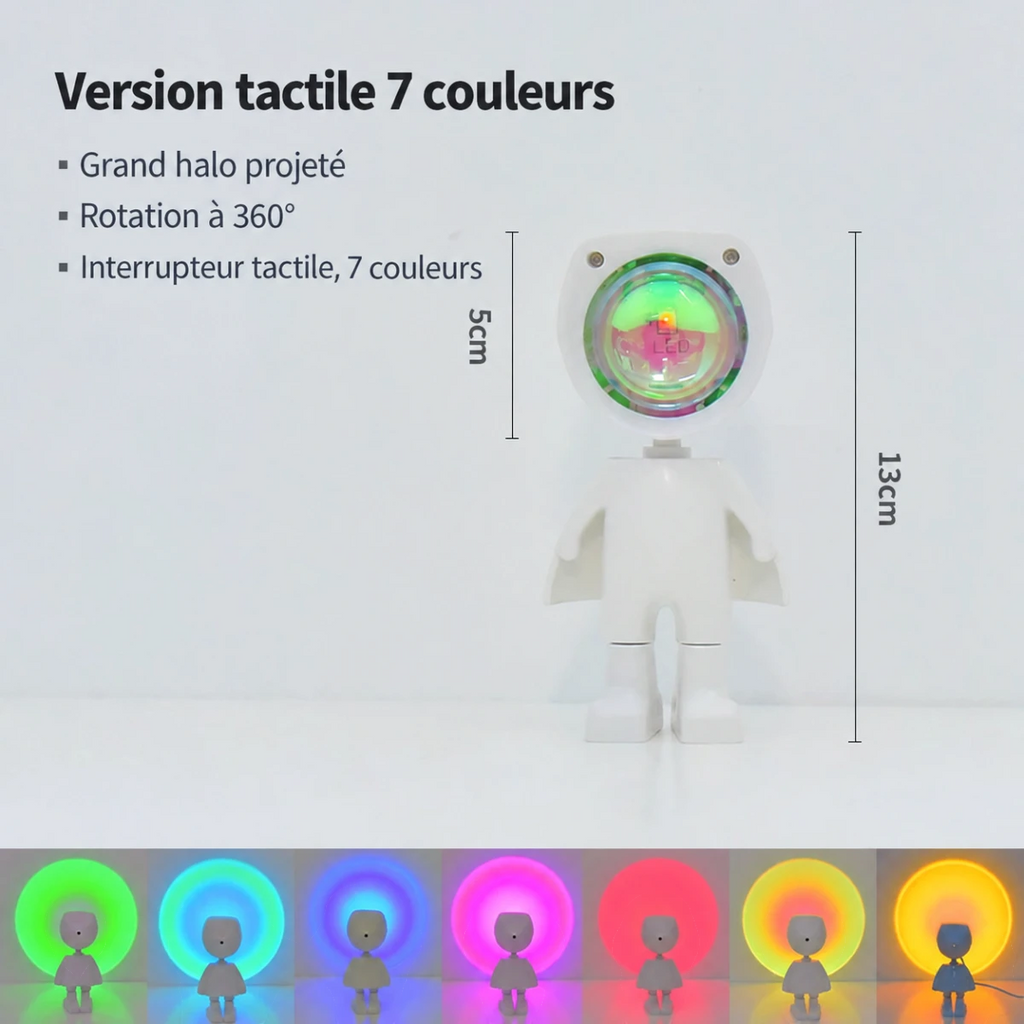 Dimensions de la veilleuse Iris : 13 cm de hauteur, tête de 5 cm, grand halo et rotation à 360°