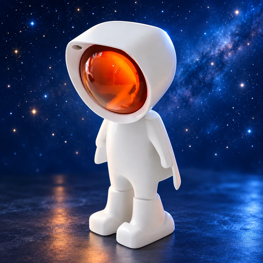 Veilleuse projecteur Iris, petit astronaute blanc à cape, sur fond bleu nuit étoilé