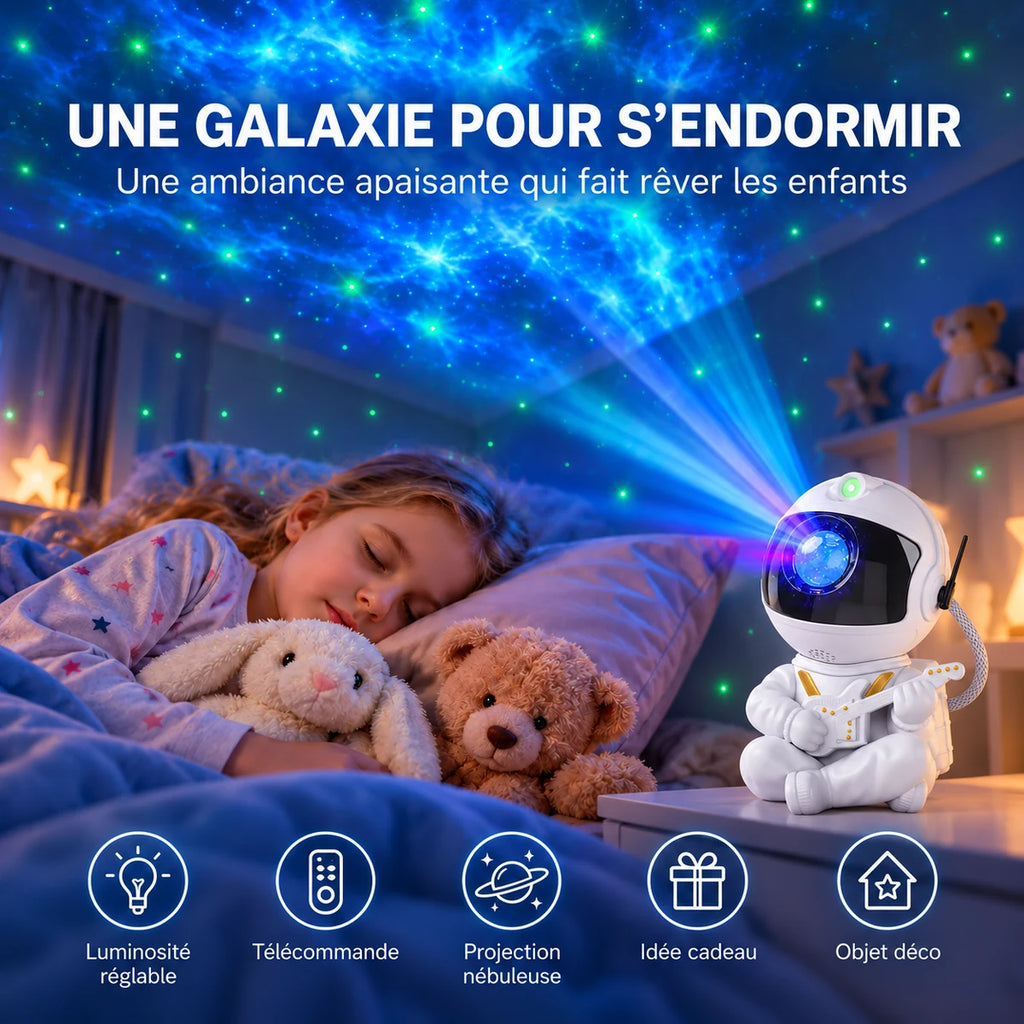 Enfant endormi sous la galaxie projetée par Lyra, posé sur la table de chevet
