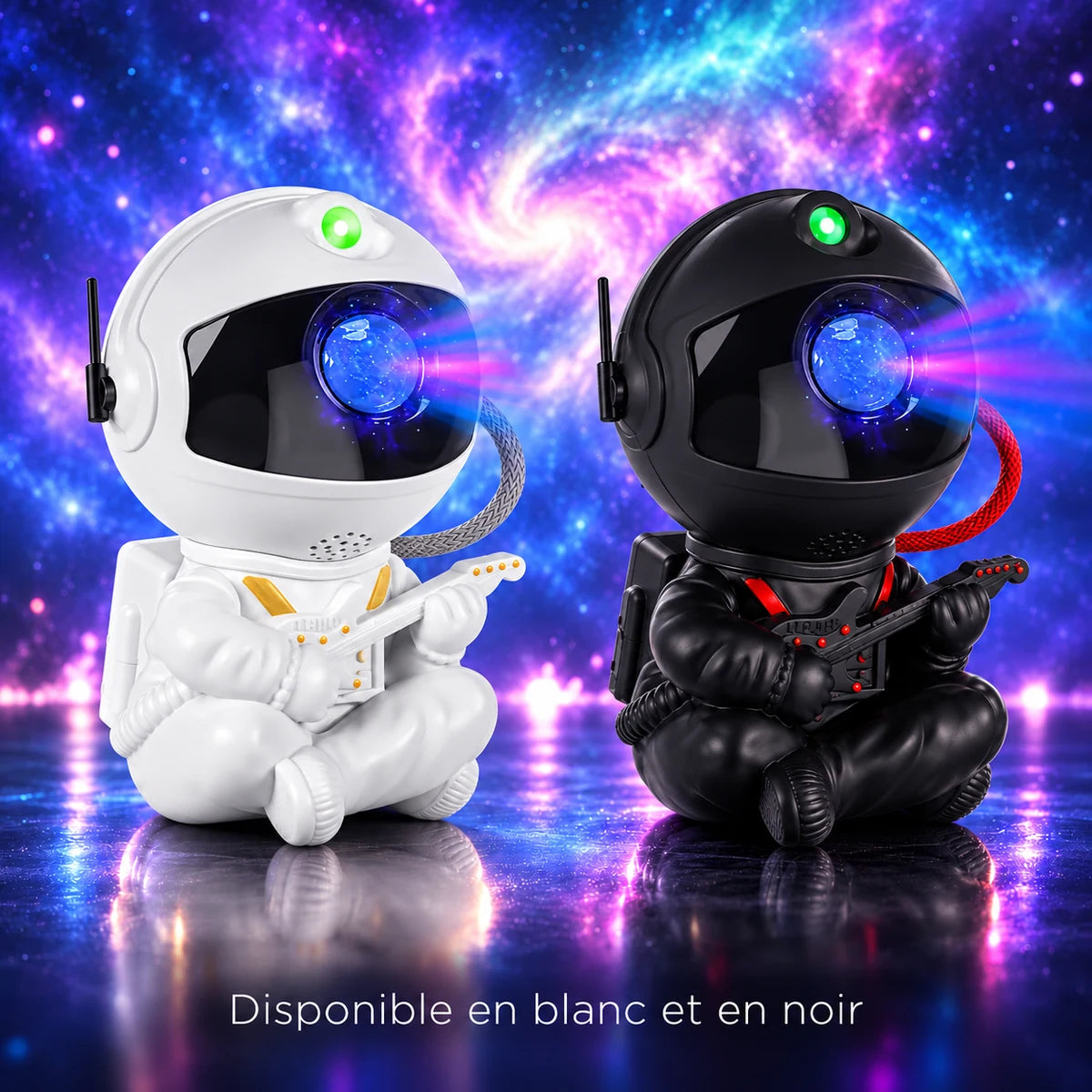 Projecteur Lyra disponible en blanc et en noir, les deux astronautes guitaristes côte à côte
