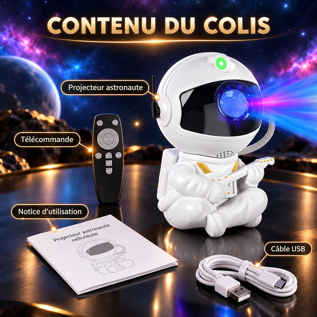 Contenu du colis Lyra : projecteur astronaute, télécommande, notice d'utilisation et câble USB