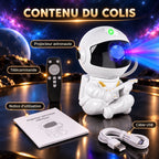 Contenu du colis Lyra : projecteur astronaute, télécommande, notice d'utilisation et câble USB