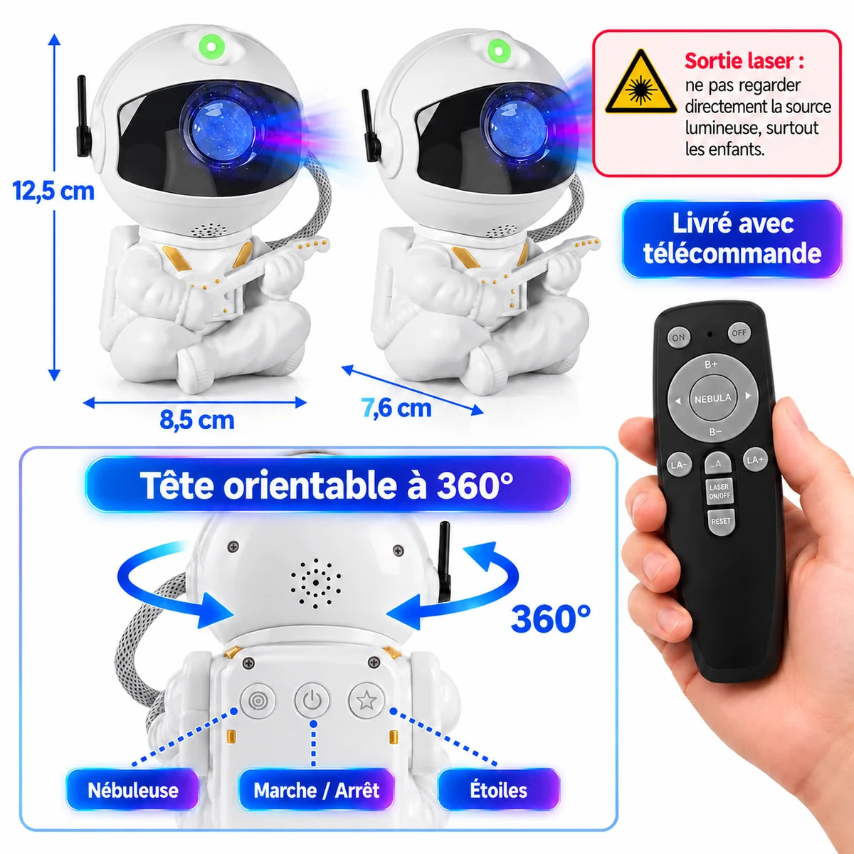 Dimensions du projecteur Lyra : 12,5 cm de haut, 8,5 cm de large, 7,6 cm de profondeur, tête orientable à 360° et boutons au dos