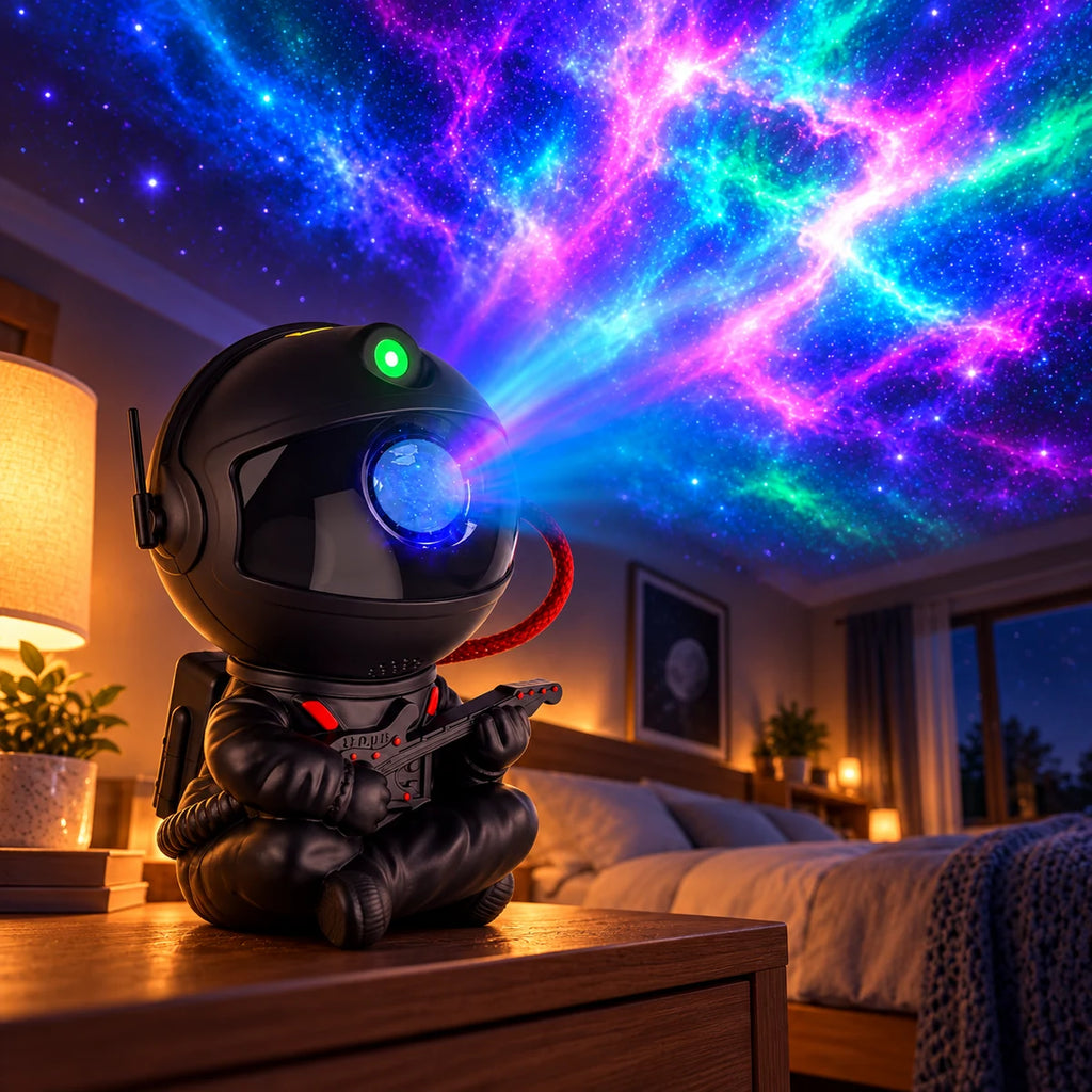 Projecteur Lyra noir posé sur une commode, projetant une galaxie au plafond d'une chambre