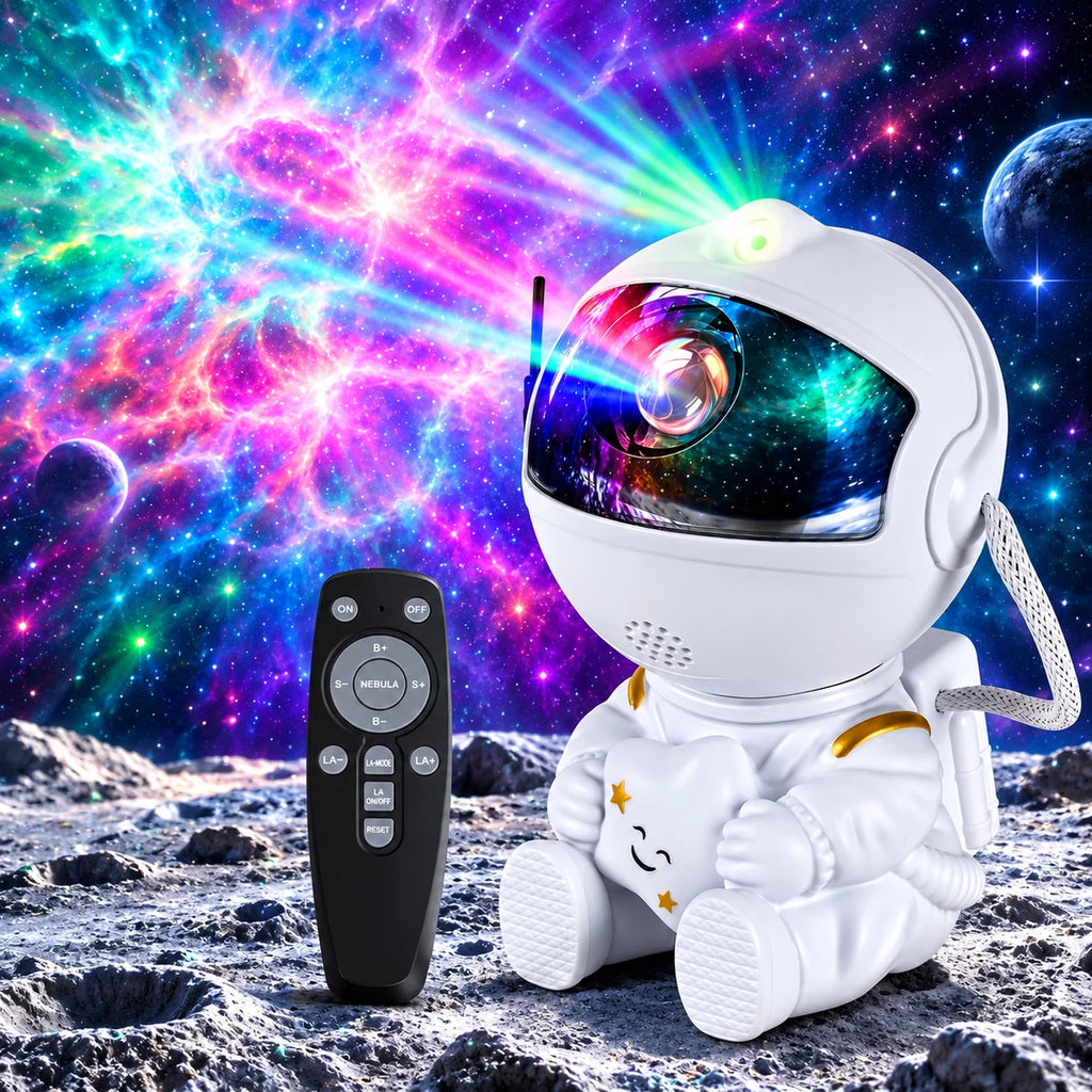 Projecteur Orion blanc projetant une nébuleuse colorée, à côté de sa télécommande