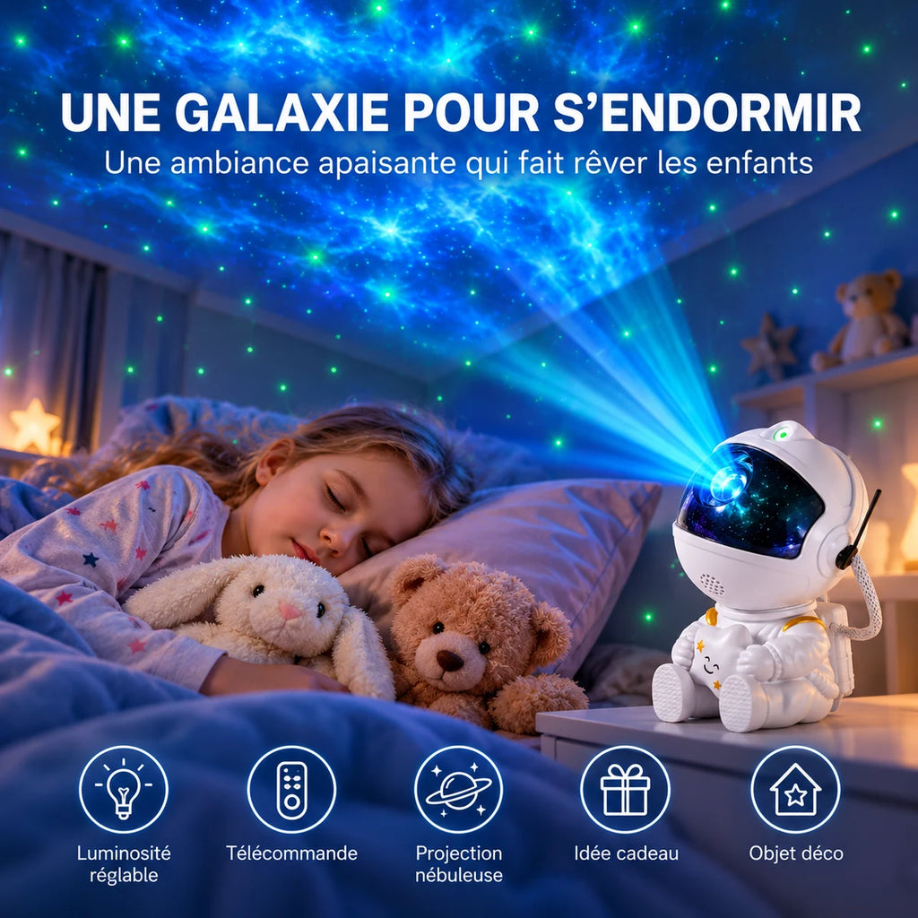 Enfant endormi sous la galaxie projetée par Orion, posé sur la table de chevet