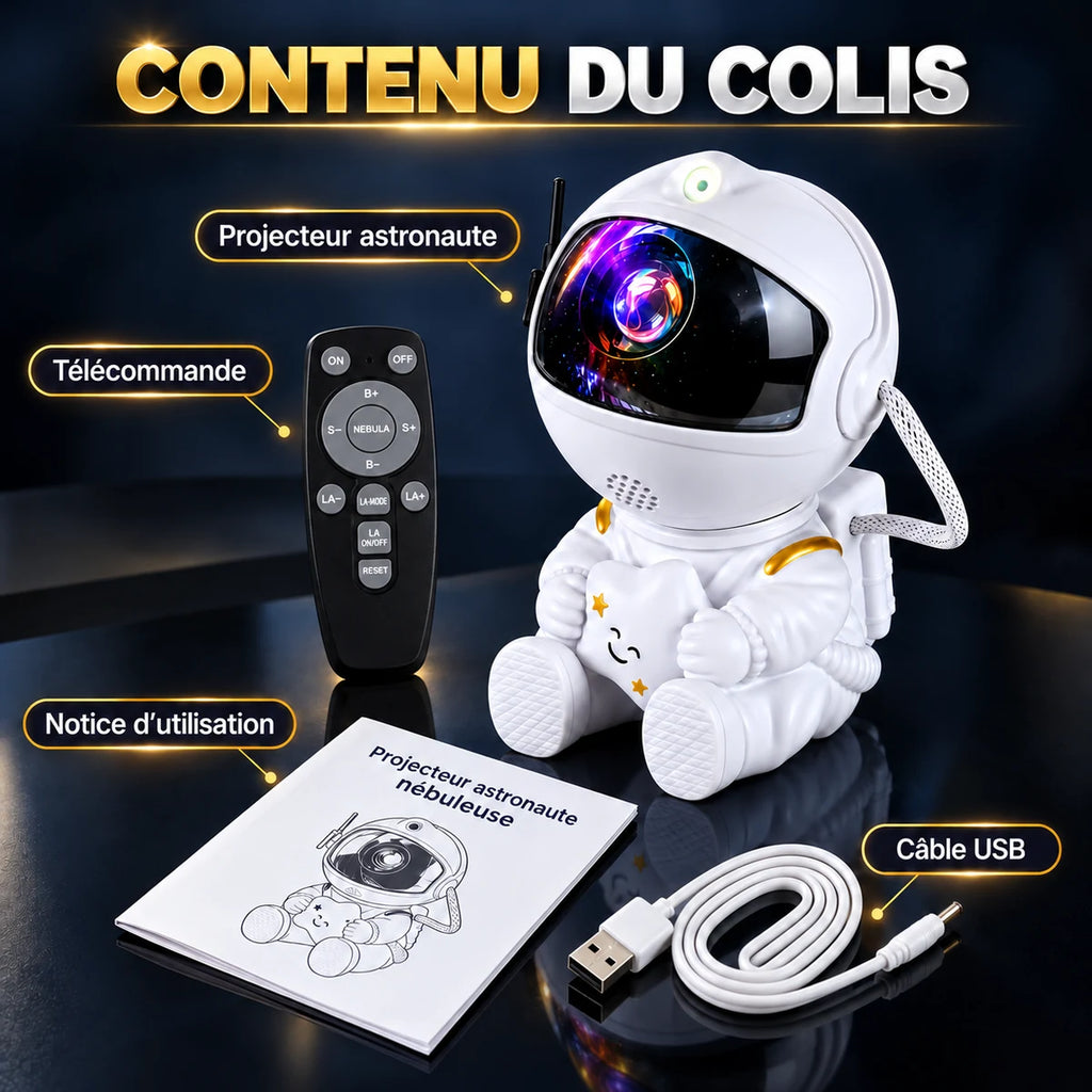 Contenu du colis Orion : projecteur astronaute, télécommande, notice d'utilisation et câble USB