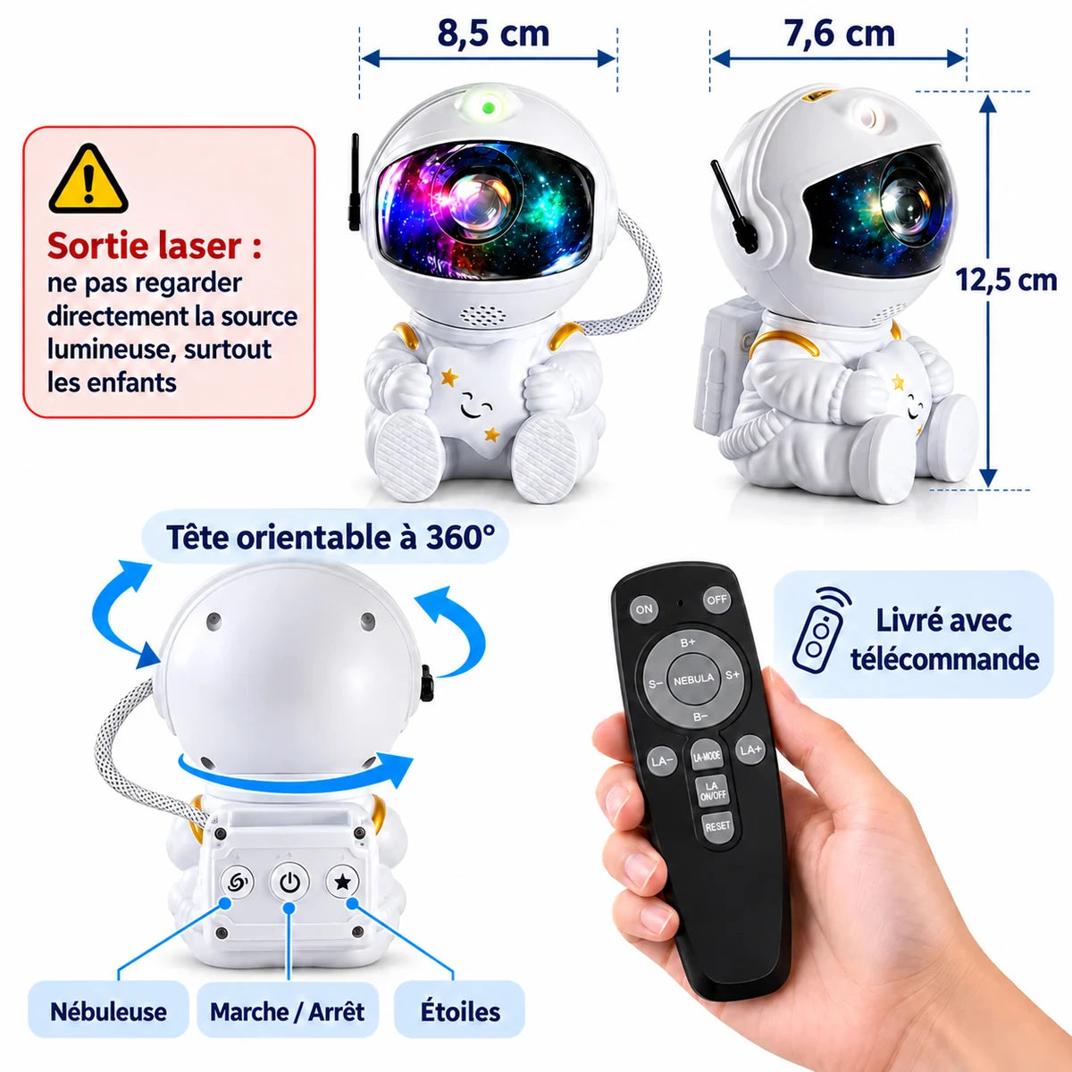 Dimensions du projecteur Orion : 12,5 cm de haut, 8,5 cm de large, 7,6 cm de profondeur, tête orientable à 360° et boutons au dos