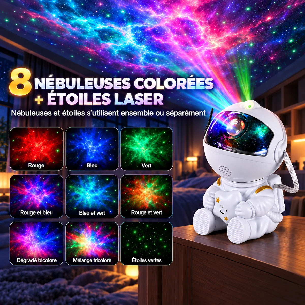 Les 8 nébuleuses colorées et les étoiles laser du projecteur Orion, utilisables ensemble ou séparément