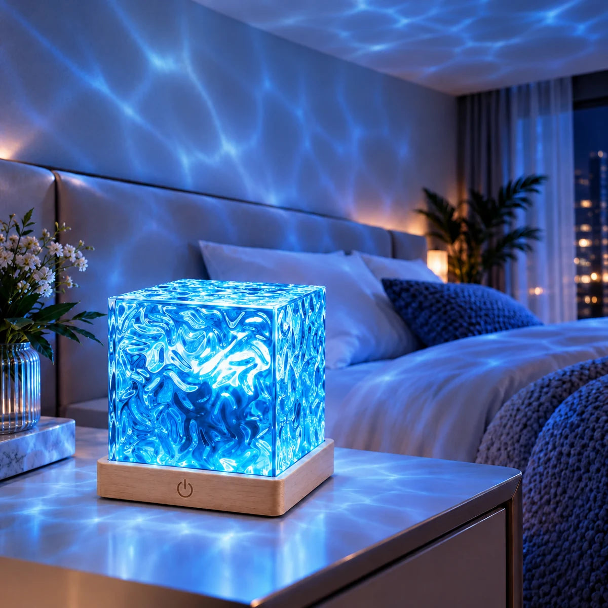 Veilleuse Aqua en lumière bleue sur une table de chevet, projetant des reflets d'eau ondulants sur le mur et le plafond d'une chambre