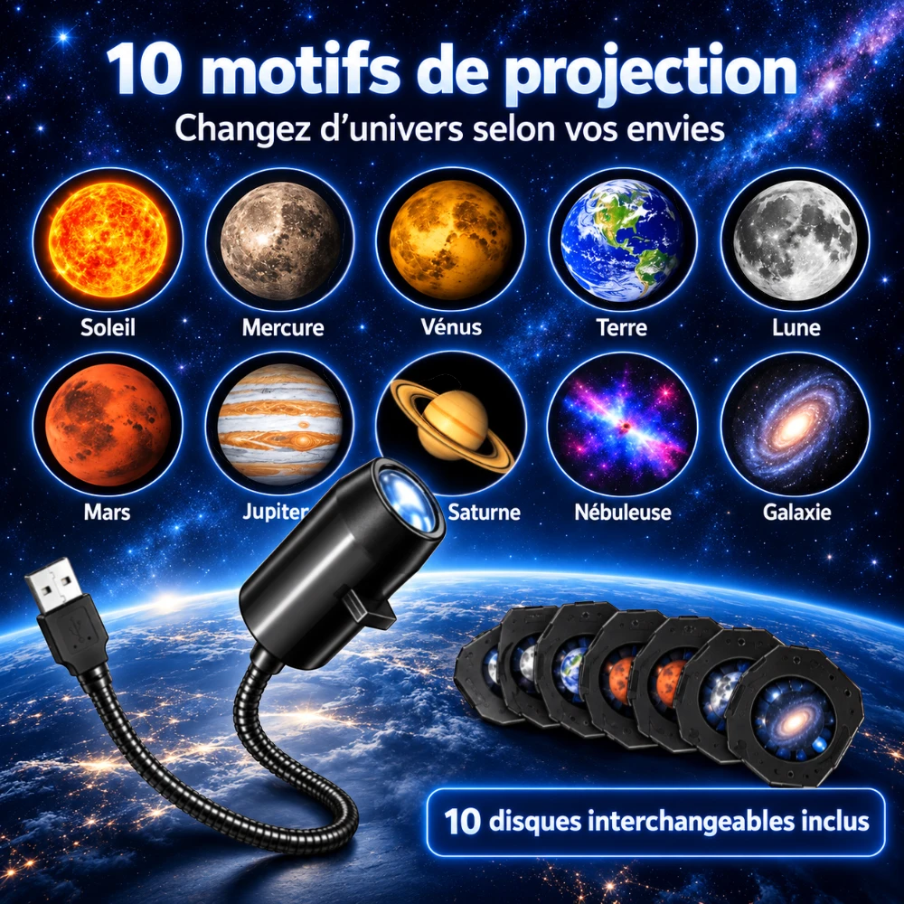 Motifs de projection du projecteur Astra : planètes, Lune, Soleil, nébuleuse et galaxie