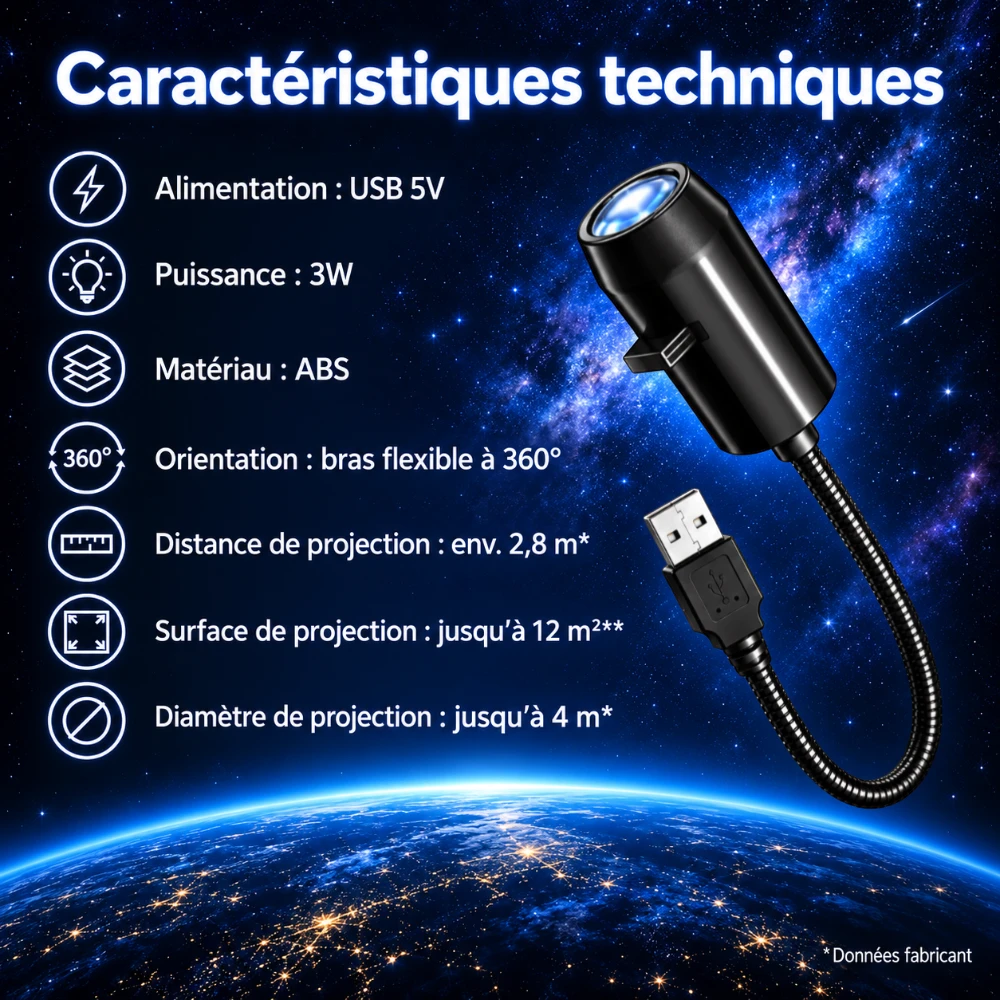Caractéristiques techniques du projecteur Astra : alimentation USB 5 V, 3 W, ABS, bras flexible à 360°