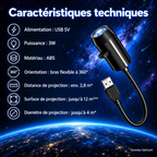 Caractéristiques techniques du projecteur Astra : alimentation USB 5 V, 3 W, ABS, bras flexible à 360°