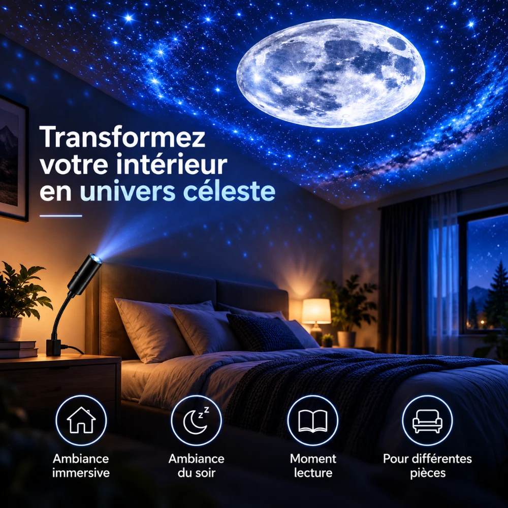Projecteur Astra posé sur une table de chevet, projetant une lune et un ciel étoilé au plafond d'une chambre
