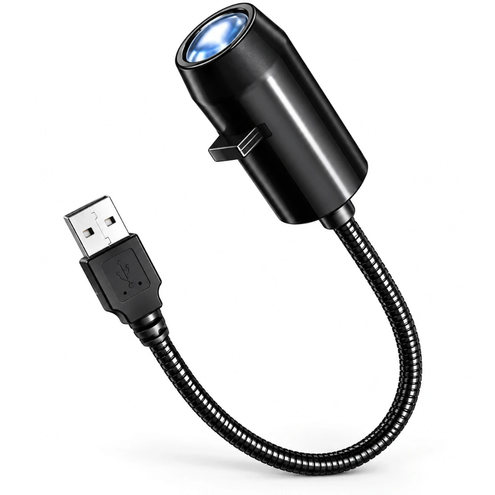 Veilleuse projecteur planètes Astra, tête de projection noire, bras flexible et prise USB, sur fond blanc