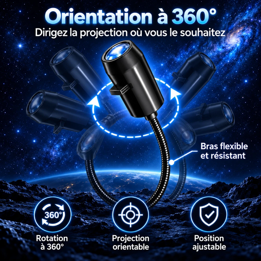 Bras flexible du projecteur Astra orientable à 360° pour diriger la projection au mur ou au plafond