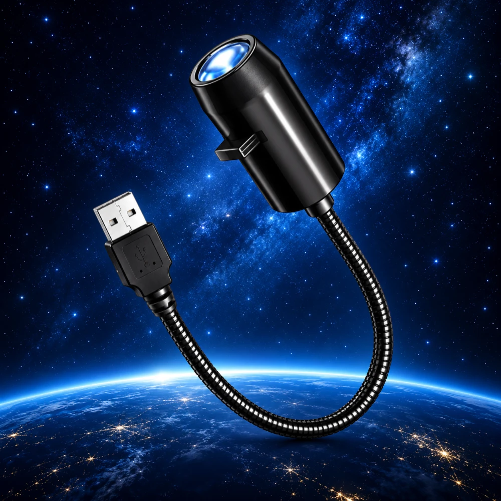 Projecteur planètes Astra avec bras flexible et prise USB sur fond de ciel étoilé